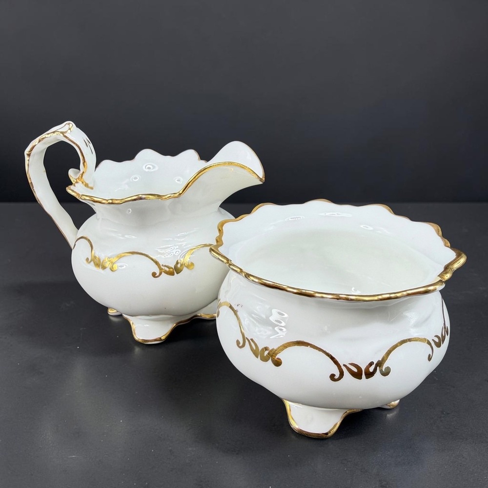 Aynsley England Bone China Creamer and Sugar Bowl Set White Gold Gilt Scroll Set